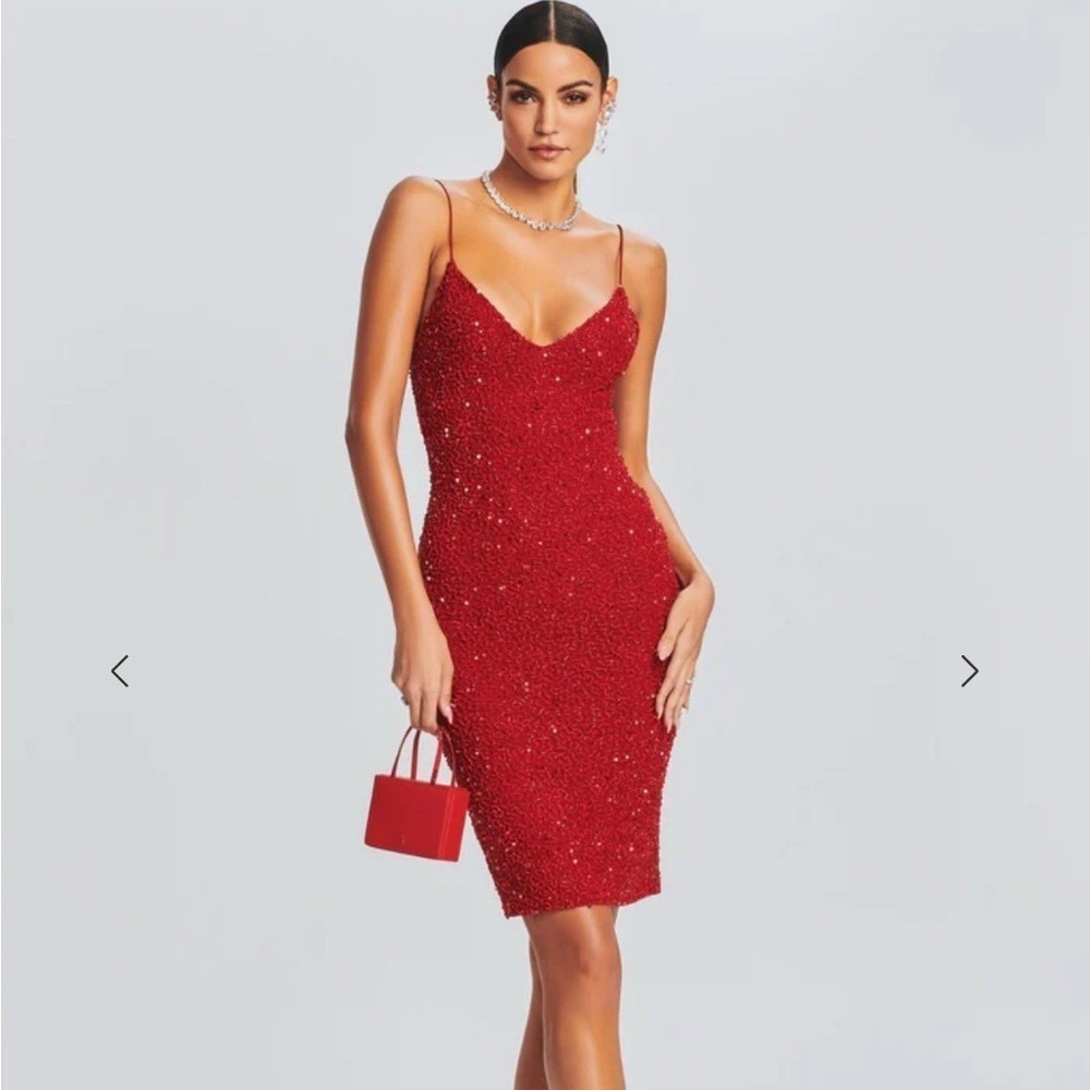 Retrofete Red Sequin Michi Midi Dress Glam Holiday Bodycon‎ Women Large L Bead